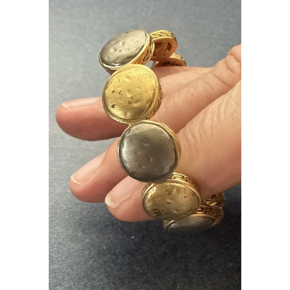 Rustic Cuff Mixed Metal Hammered Disc Open Cuff Bracelet Silver Gold Tone